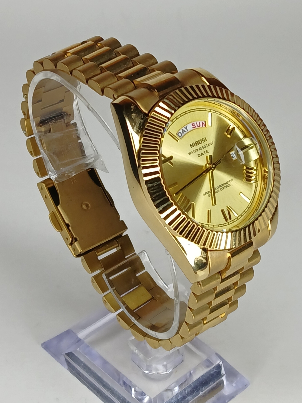 Nibosi Gold Tone Men's Quartz Watch Day Date Fluted Bezel President Style 40mm